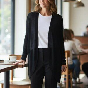 EILEEN FISHER Linen Blend Open Front Cardigan Sweater Large Black Lightweight